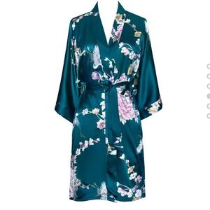 Kim + Ono Crane Chrysanthemum & Crane Short Satin Kimono Robe Teal Blue NWT